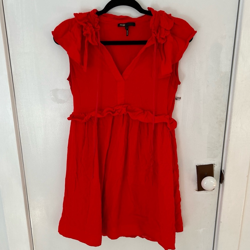 Maje Rutta Red Ruffled Crepe Mini Dress Size 2 US 6 - Picture 9 of 12
